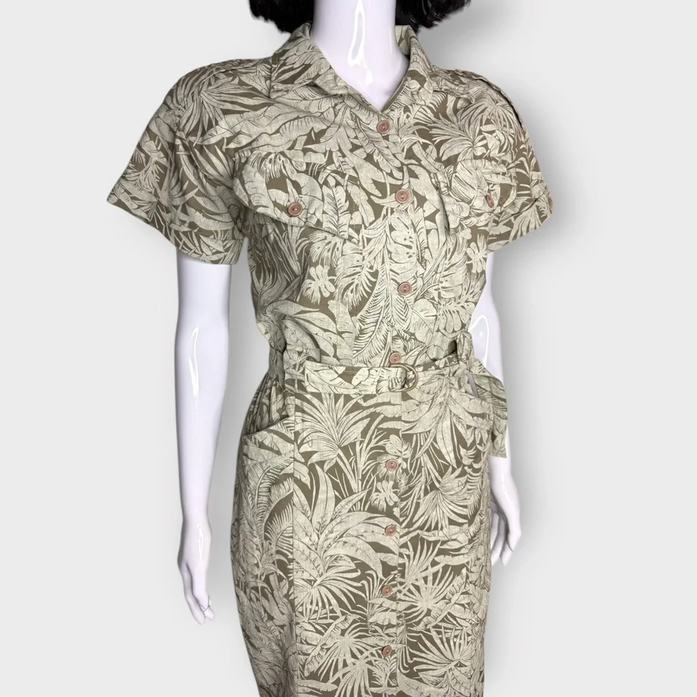 Vintage Late 1970s Early 80s Green Tropical Print Cotton Midi Dress - Picture 4 of 8